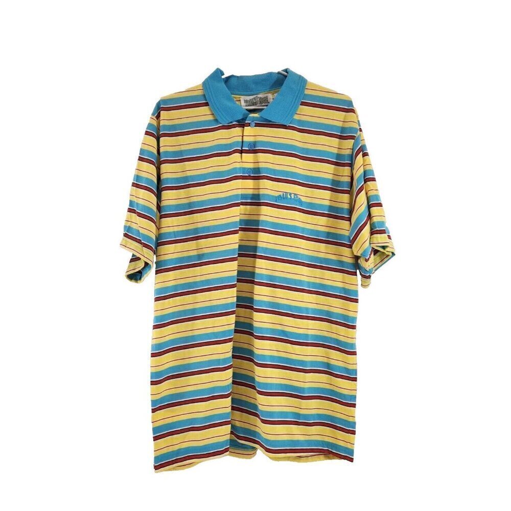 3/$30! Trail's Edge Mens Polo Striped Blue Yellow T-Shirt Size Large Preppy Vtg